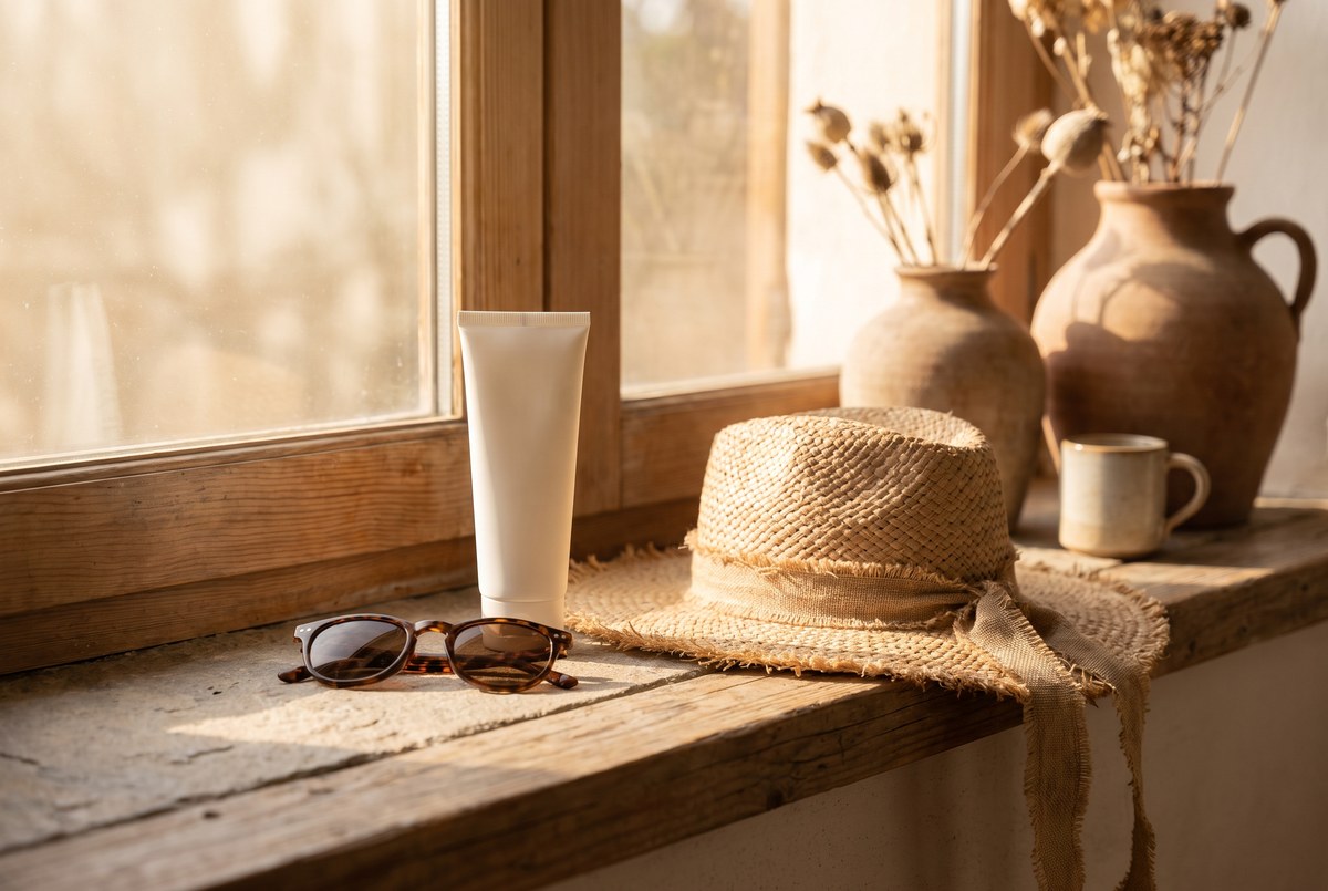 An unbranded tube of mineral sunscreen resting on a sunlit windowsill beside sunglasses and a straw hat, bright warm summer light, photographed for Magellan Longevity's review of what four and a half years of daily sunscreen actually measured.