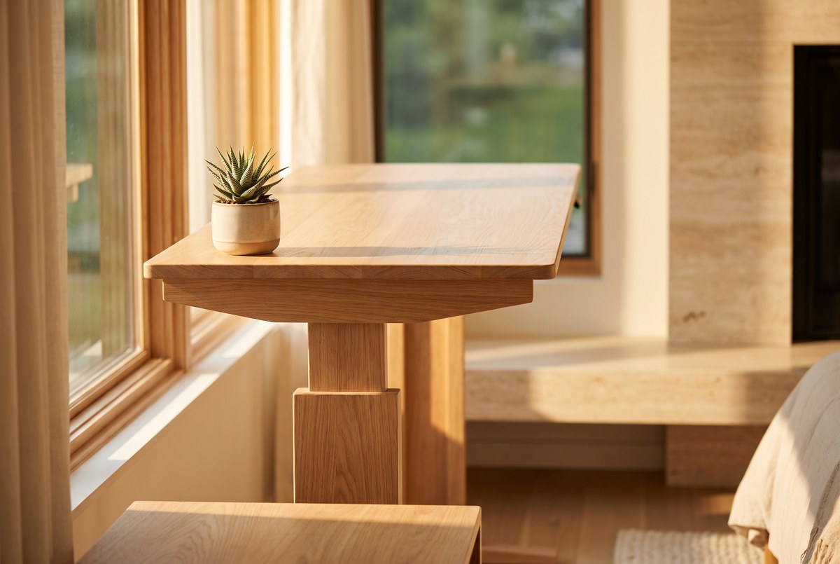 A minimalist wooden standing desk with a small potted plant, bathed in warm afternoon sunlight through a window, photographed for Magellan Longevity's review of desk work, back and neck pain: what actually works.