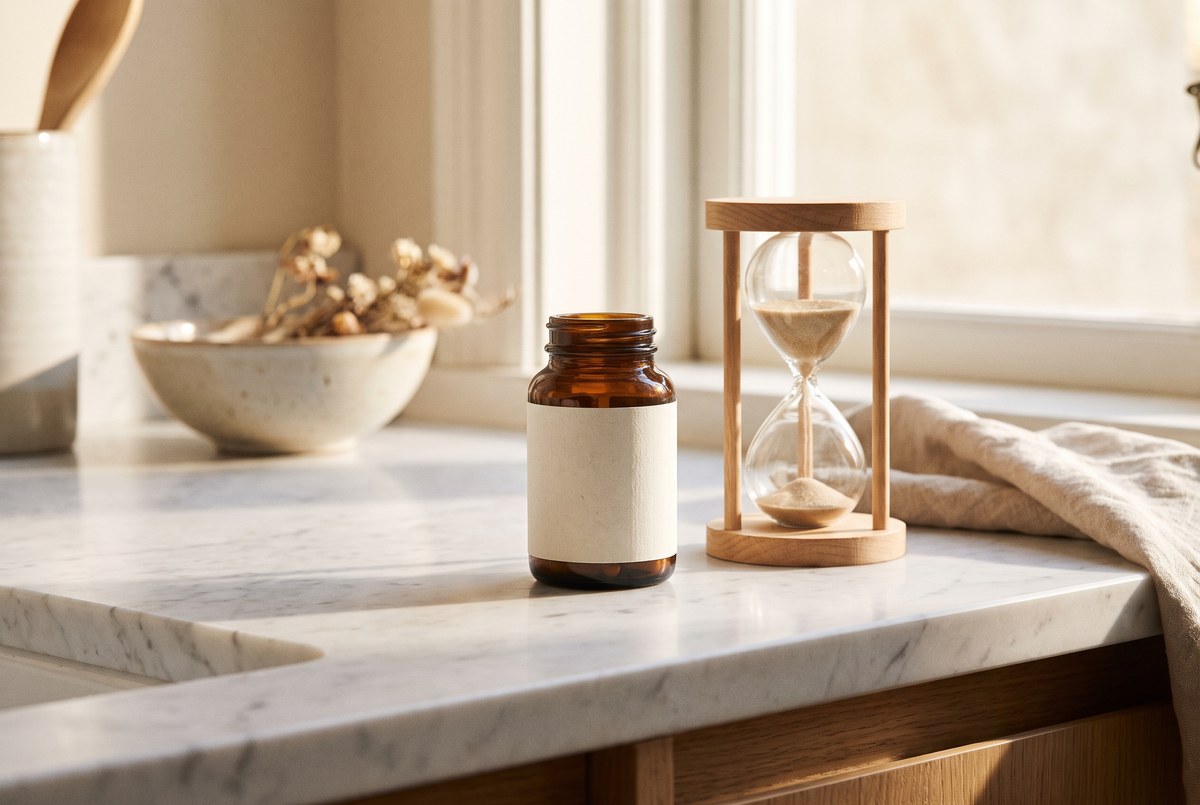 A small amber glass supplement bottle with a blank label standing on a marble counter beside an hourglass, soft warm light, photographed for Magellan Longevity's review of dhea as an anti-aging hormone: replacement logic without rejuvenation proof.