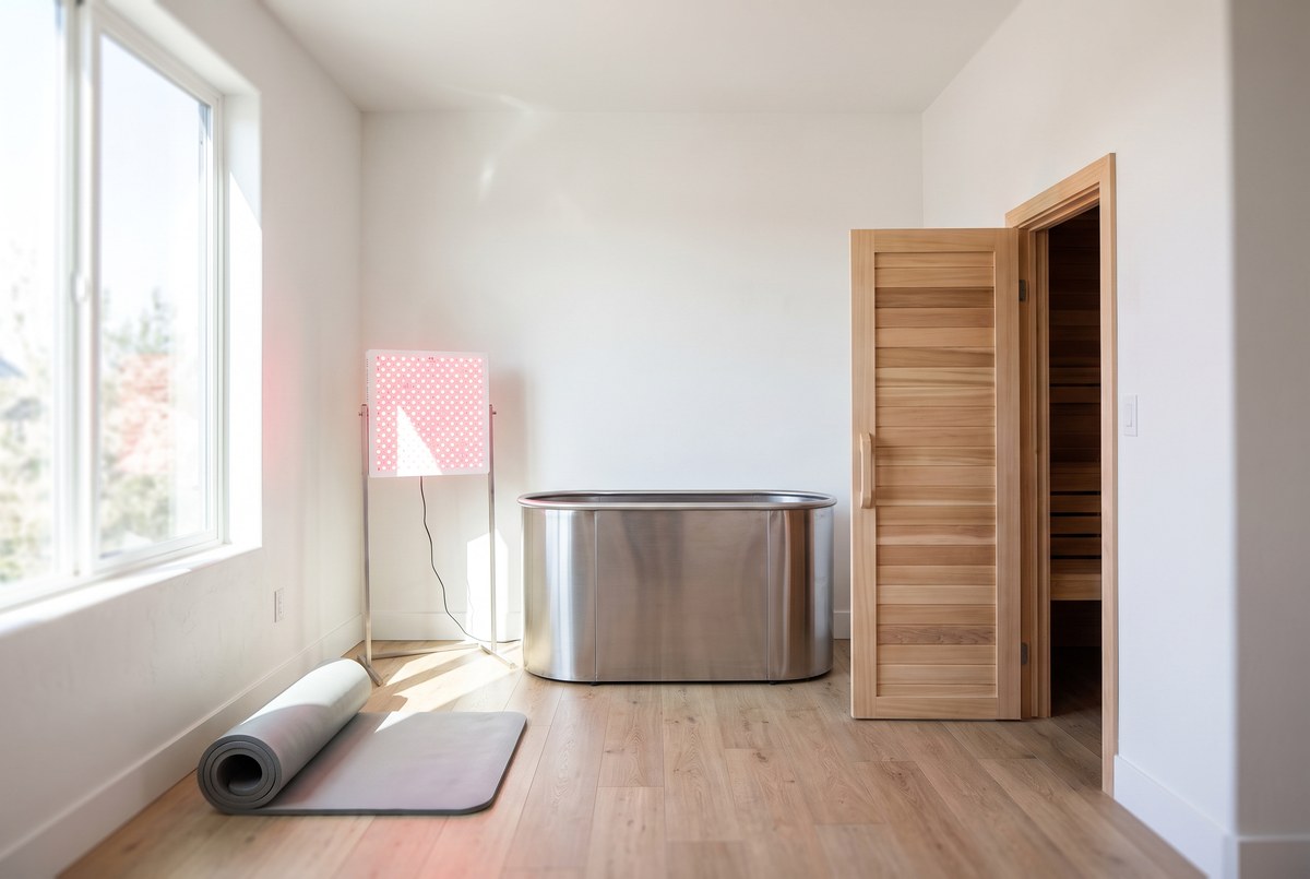 A bright, sparsely furnished home recovery room in daylight: a plain red LED light panel on a stand, a stainless cold plunge tub, an open blonde-wood sauna door and a rolled therapy mat on a light oak floor, photographed for Magellan Longevity's evidence review of consumer longevity devices.