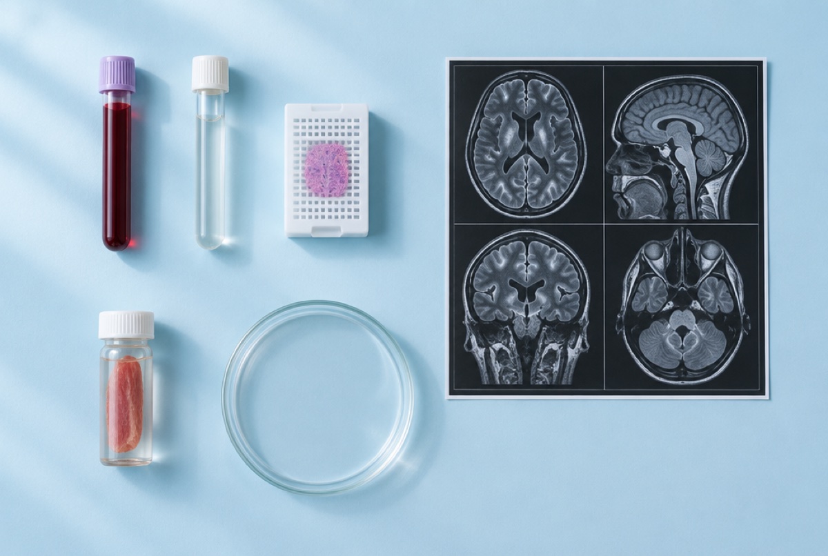A flat lay on a pale blue lab bench: a tube of whole blood, a tube of spinal fluid, a tissue cassette, a muscle-sample vial, an empty petri dish and a printed brain MRI, the kinds of human samples used to measure NAD+ with age.