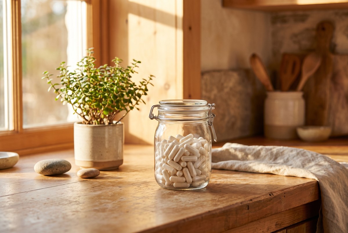 A glass jar of white capsules resting on a wooden counter beside a small potted wood plant, soft warm light, photographed for Magellan Longevity's review of double wood nmn capsules: what the evidence shows.