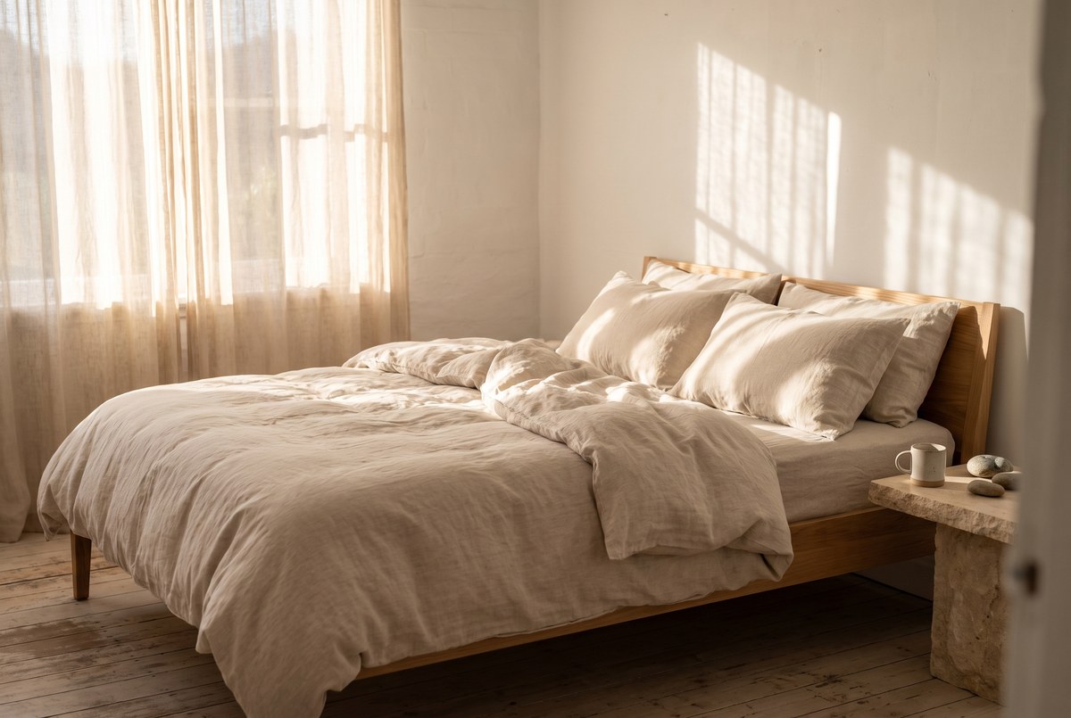 A neatly made bed with soft linen sheets bathed in warm morning sunlight through sheer curtains, calm and inviting, photographed for Magellan Longevity's review of exactly eight hours of sleep is not a universal longevity dose.