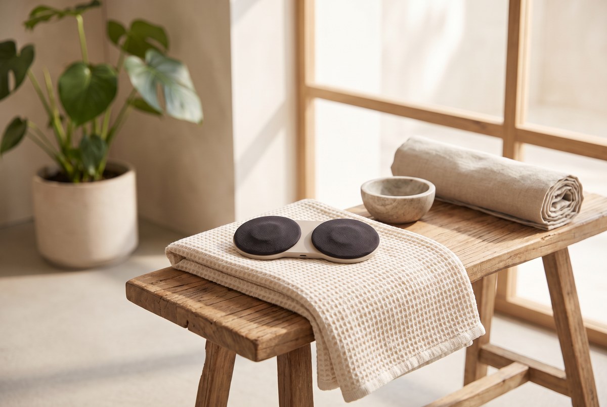 A small unbranded EMS device with soft fabric pads resting on a folded towel on a wooden bench, warm gym-adjacent light, photographed for Magellan Longevity's review of everything an ems unit actually asks of you.