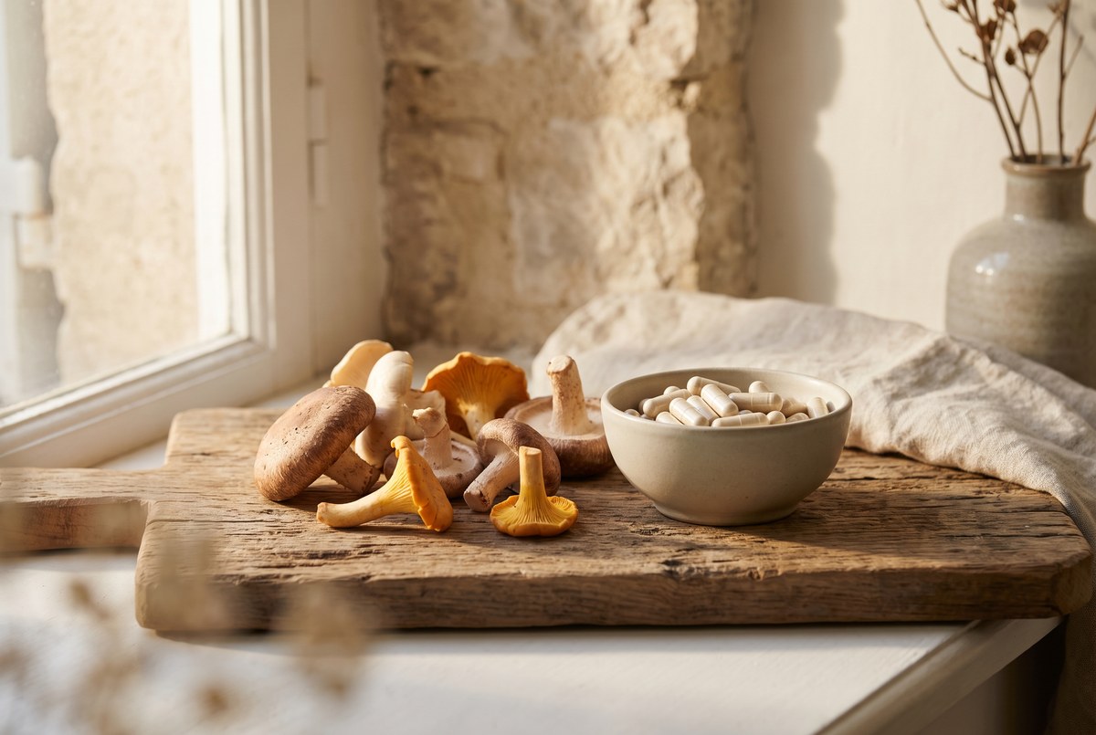 A handful of fresh mushrooms beside a small dish of pale capsules on a rustic wooden board, warm earthy light, photographed for Magellan Longevity's review of ergothioneine: the mushroom molecule with its own dedicated transporter.