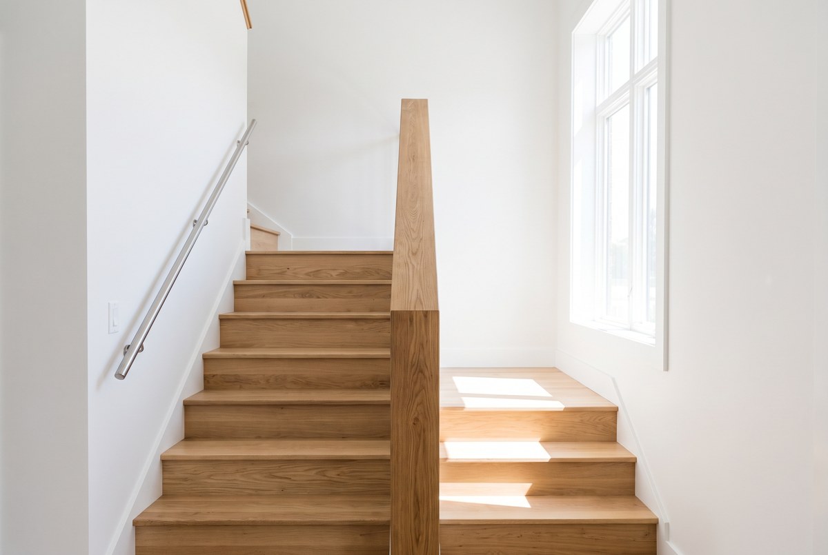 A bright, uncluttered oak staircase in a sunlit home: bare unobstructed treads, a metal handrail fixed along the wall and daylight falling across the landing, photographed for Magellan Longevity's evidence review of what actually prevents falls after 65.