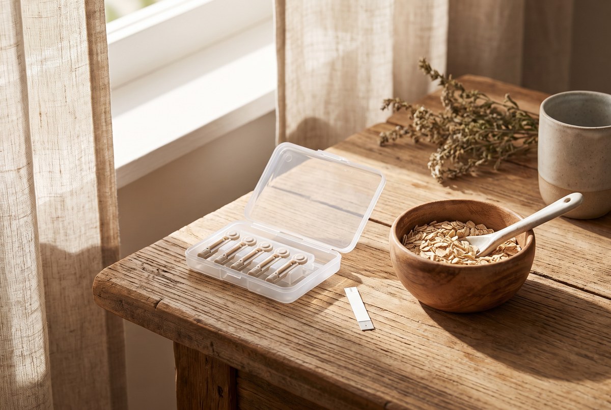 A home blood-test kit with lancets and a blank test strip beside a small wooden bowl of oats, morning sunlight, calm still life, photographed for Magellan Longevity's review of the forty-year-old equation that guesses at your metabolic future.