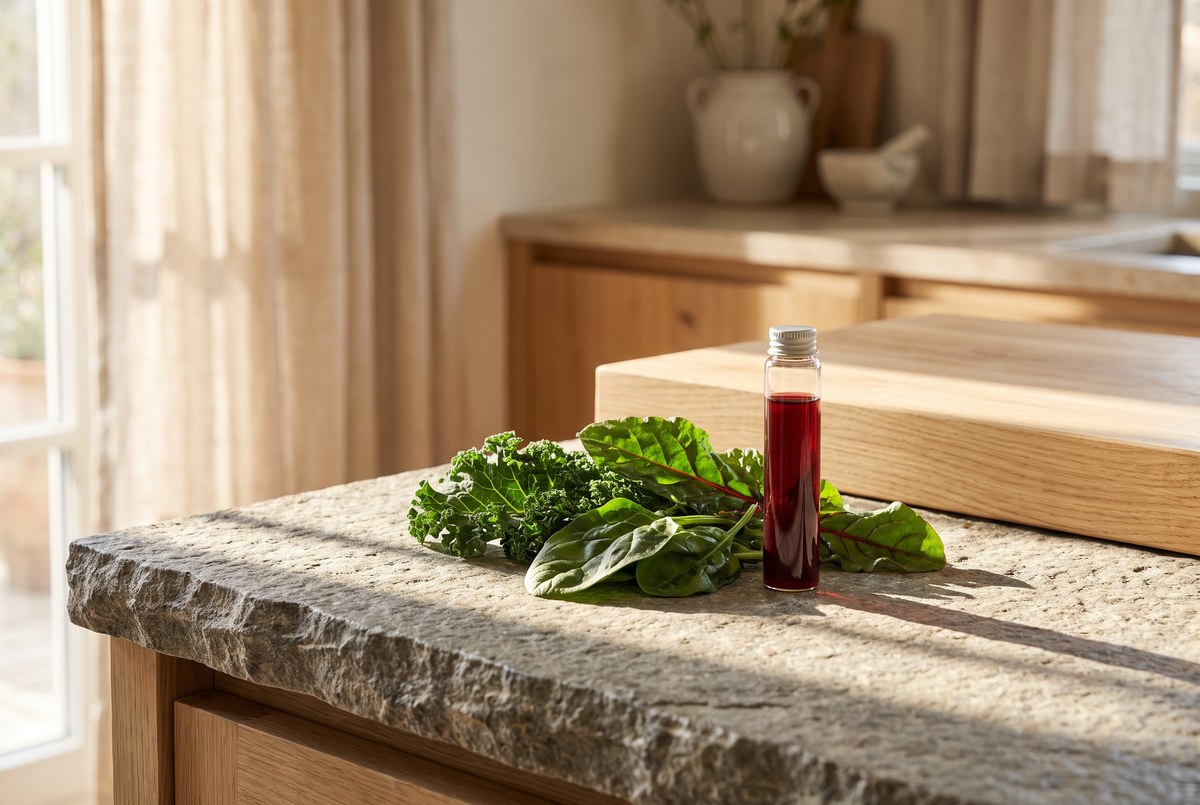 A glass vial of dark red blood sample standing beside a small pile of iron-rich leafy greens on a stone counter, warm natural light, photographed for Magellan Longevity's review of the exhaustion with a number attached.