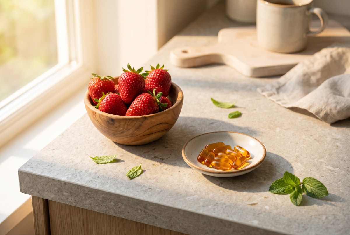 A small wooden bowl of fresh strawberries beside a dish of amber capsules on a stone counter, warm summer sunlight, photographed for Magellan Longevity's review of fisetin senolytic capsules: early evidence for targeting senescent cells.