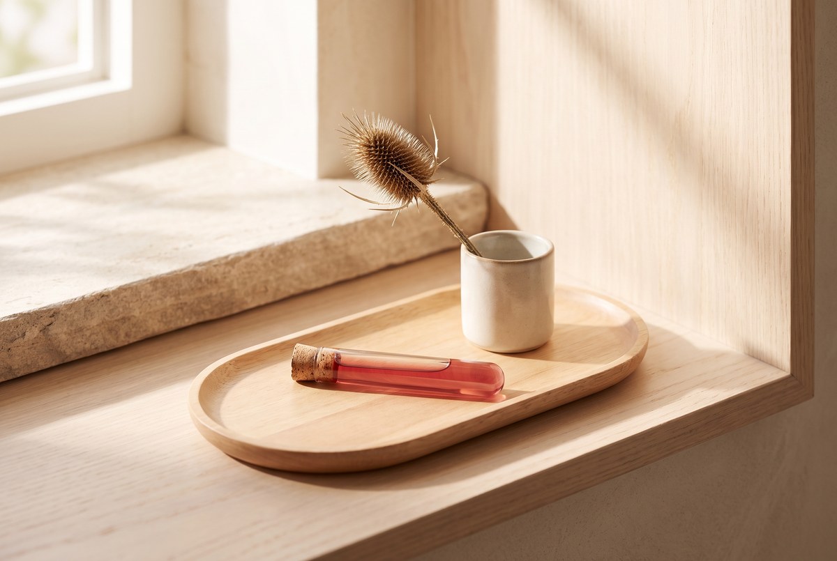 A glass blood-sample vial resting on a wooden tray beside a single sprig of milk thistle, soft warm daylight, minimalist clinical still life, photographed for Magellan Longevity's review of the quiet number at the bottom of the blood panel.