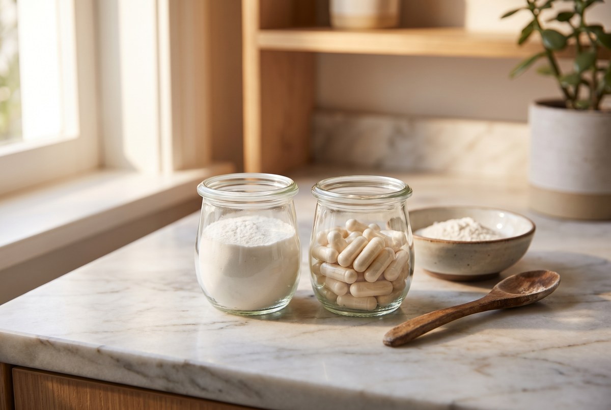 Two small glass jars of white powder and capsules side by side on a marble counter, calm balanced composition, soft light, photographed for Magellan Longevity's review of the glucosamine file: one landmark null, one drug dead heat, and a continent split in two.