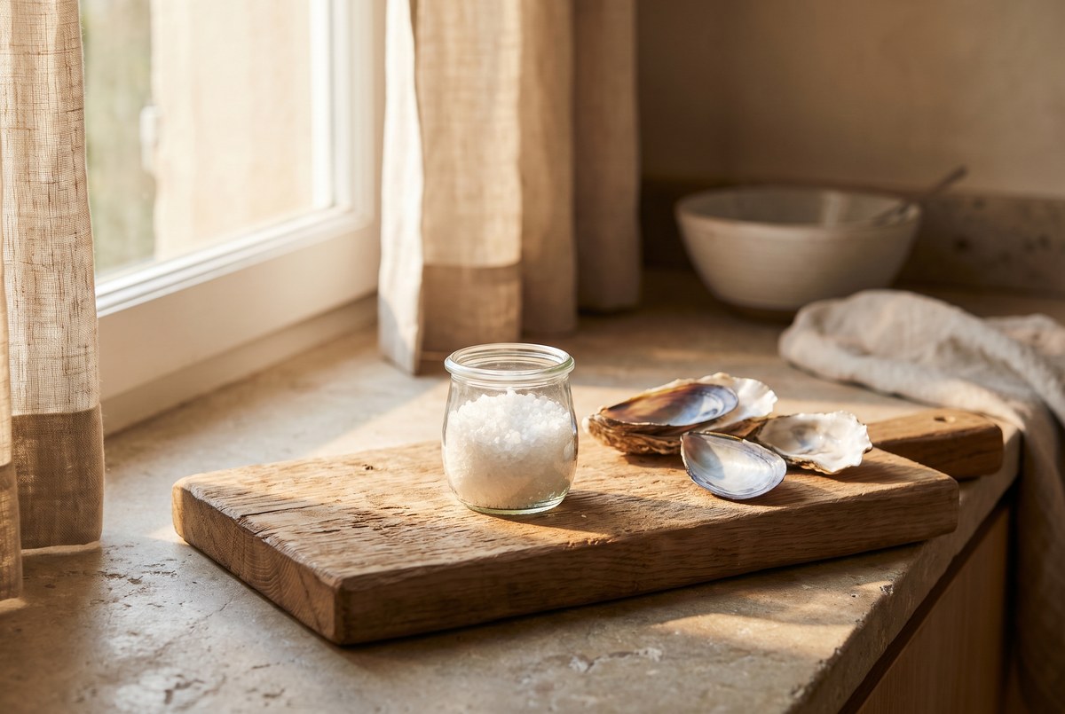 A small glass jar of white crystalline powder beside a few shellfish shells on a rustic wooden board, soft natural light, photographed for Magellan Longevity's review of glucosamine and mortality: why a 495,000-person association is not a longevity trial.