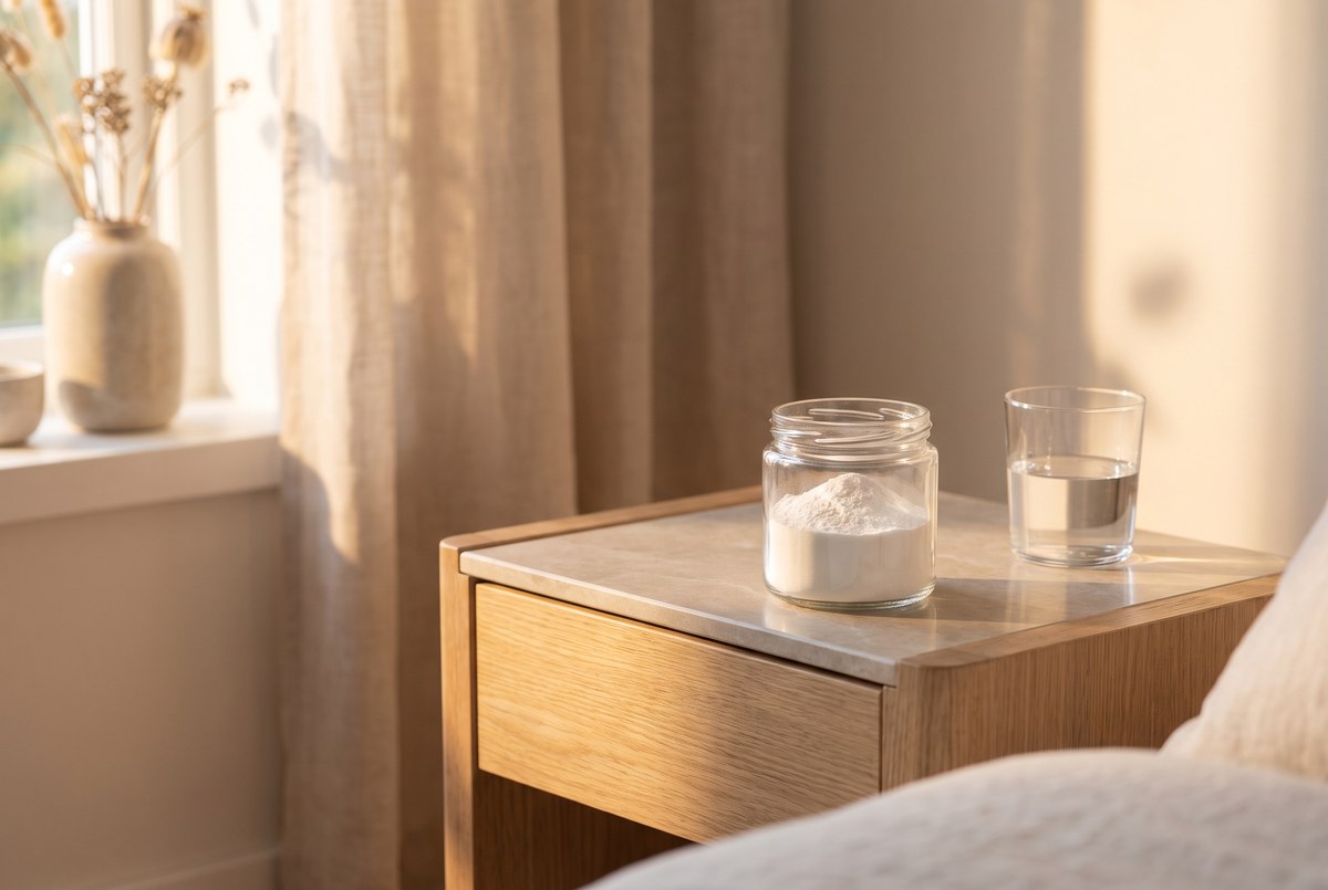 A small glass jar of fine white powder resting on a wooden nightstand beside a glass of water, warm evening light, photographed for Magellan Longevity's review of the smallest amino acid has the longest resume.