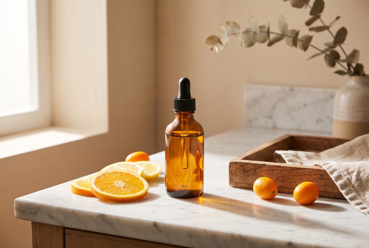 A glass dropper bottle of golden serum beside a few citrus fruit slices on a marble counter, sunlight refracting through the glass, photographed for Magellan Longevity's review of under the microscope, the truth about glycolic acid is measured in microns.