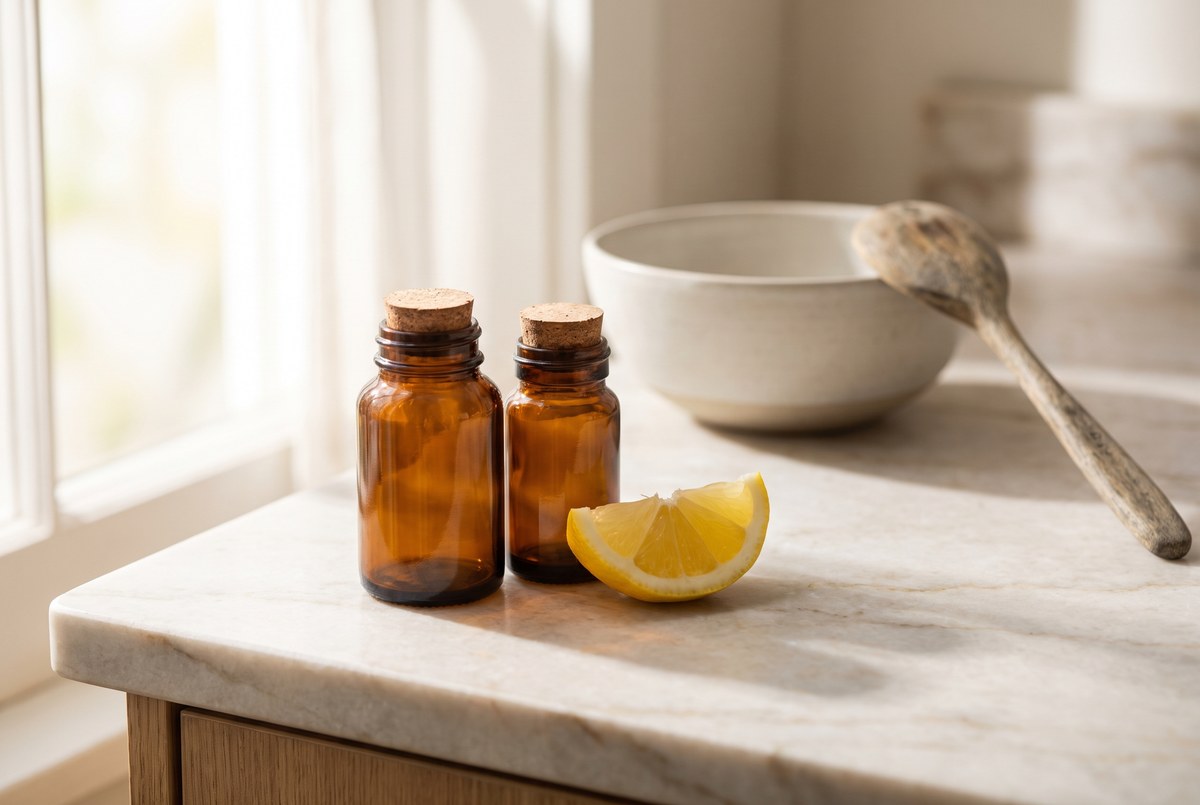 Two small amber supplement bottles beside a wedge of fresh lemon on a marble counter, soft bright morning light, photographed for Magellan Longevity's review of glynac and glutathione: a promising idea meets a hard result.