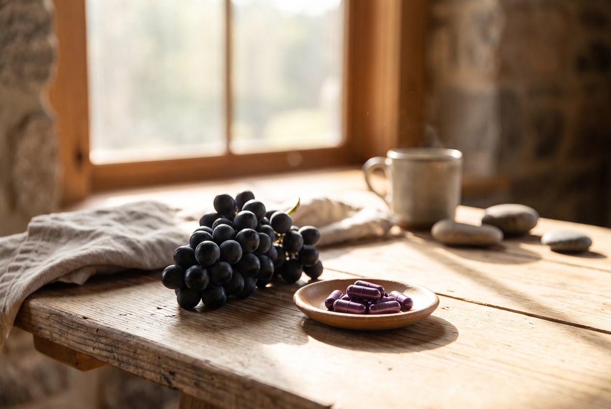 A bunch of dark grapes beside a small dish of deep purple capsules on a rustic wooden board, warm vineyard light, photographed for Magellan Longevity's review of the part of the grape you spit out wants to fix your blood pressure.