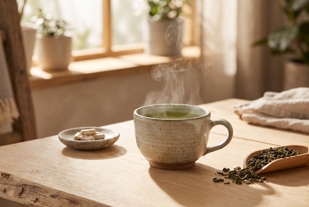 A ceramic cup of steaming green tea beside loose green tea leaves and a small dish of capsules, soft morning light, photographed for Magellan Longevity's review of a leaf, a kilogram, and a liver warning: the honest case for green tea extract.