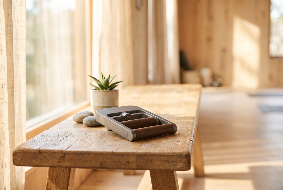 A modern unbranded hand-grip dynamometer resting on a sunlit wooden gym bench, soft warm light, close-up still life, no hands shown, photographed for Magellan Longevity's review of the squeeze that predicts the future — and the caveat that keeps it honest.