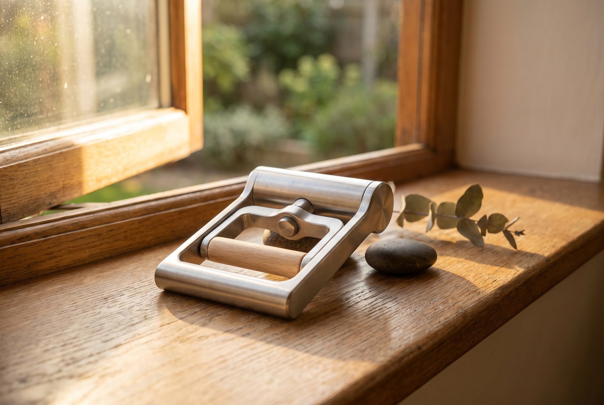 A modern unbranded hand-grip dynamometer on a sunlit wooden windowsill, soft warm morning light, close-up still life, no hands shown, photographed for Magellan Longevity's review of what your handshake already knows about you.