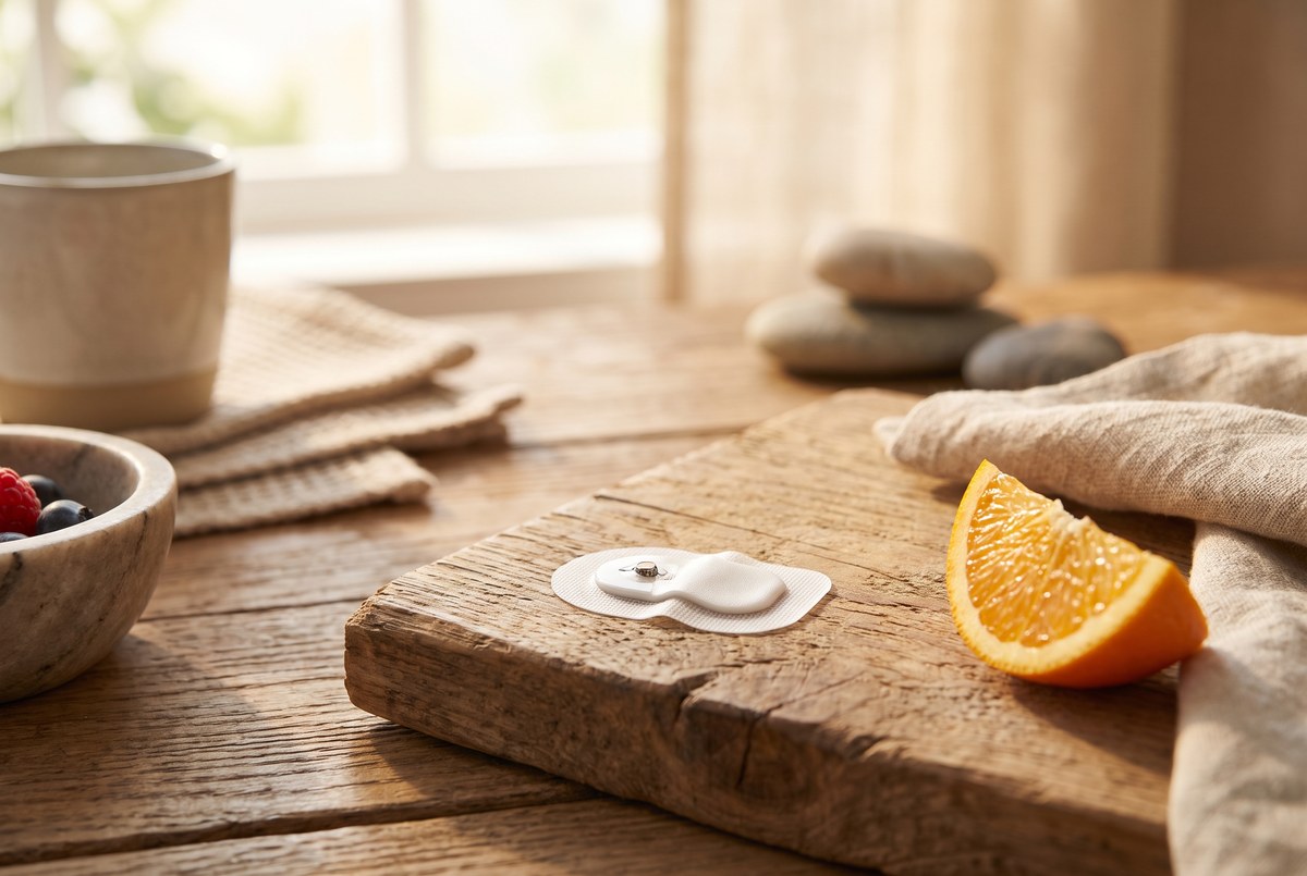 A slim unbranded glucose sensor patch on a sunlit wooden table beside a wedge of fresh fruit, morning light, no skin visible, photographed for Magellan Longevity's review of do healthy adults need a continuous glucose monitor?.