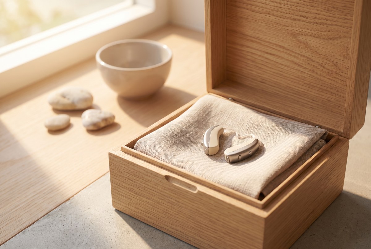 A pair of small modern unbranded hearing aids resting in an open wooden box lined with soft fabric, warm sunlight, clean composition, photographed for Magellan Longevity's review of do hearing aids cut cognitive decline by 50%? the achieve trial in full context.