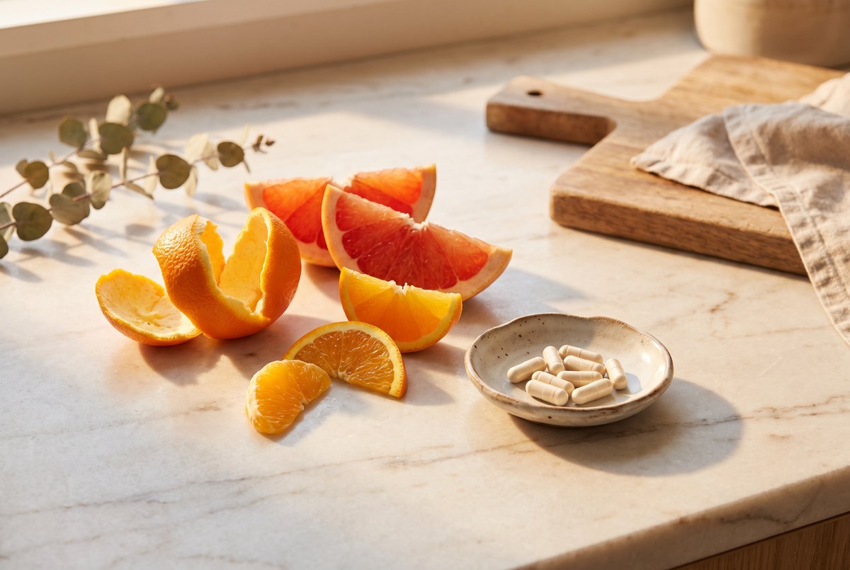 Fresh citrus peels and segments beside a small dish of pale capsules on a marble counter, bright citrus-toned sunlight, photographed for Magellan Longevity's review of the pith has a pitch: hesperidin, nitric oxide, and the distance between a mechanism and an outcome.