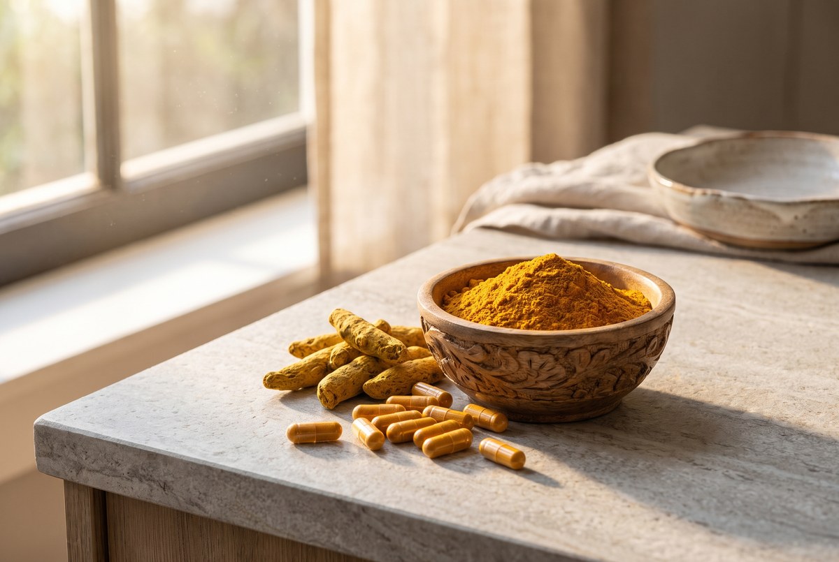 A wooden bowl of golden turmeric powder beside whole turmeric roots and amber capsules on a stone counter, warm sunlight, photographed for Magellan Longevity's review of the yellow powder and the ache that sends people looking.