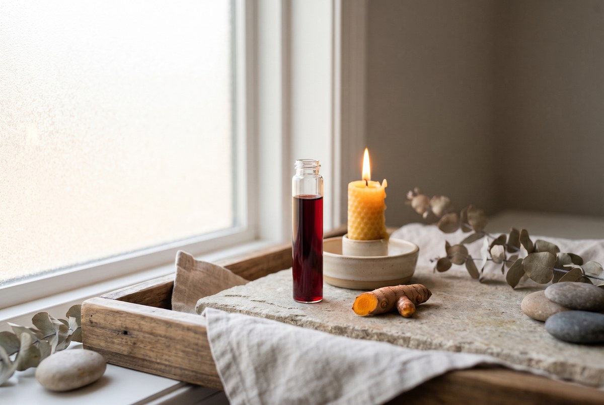 A glass vial of blood sample beside a lit candle-like warm glow and a single anti-inflammatory turmeric root on a stone counter, soft light, photographed for Magellan Longevity's review of the quiet number in the blood.