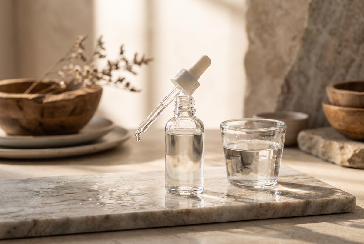 A glass dropper bottle of clear serum with a suspended water droplet, resting on wet marble beside a small glass of water, soft light, photographed for Magellan Longevity's review of one face, two fates: inside the split-face serum trial.