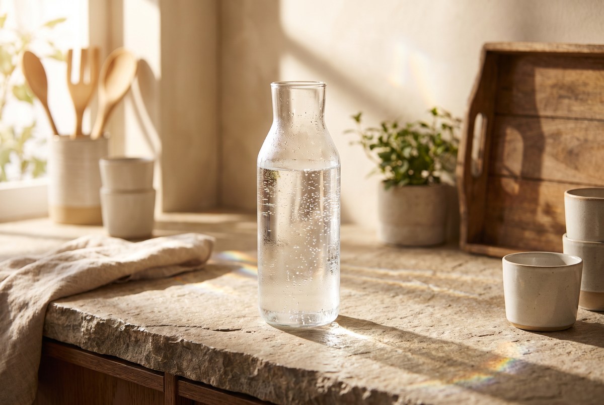 A glass bottle of sparkling water with fine bubbles rising, warm sunlight refracting through it on a stone counter, photographed for Magellan Longevity's review of hydrogen water: interesting small trials, no human longevity proof.