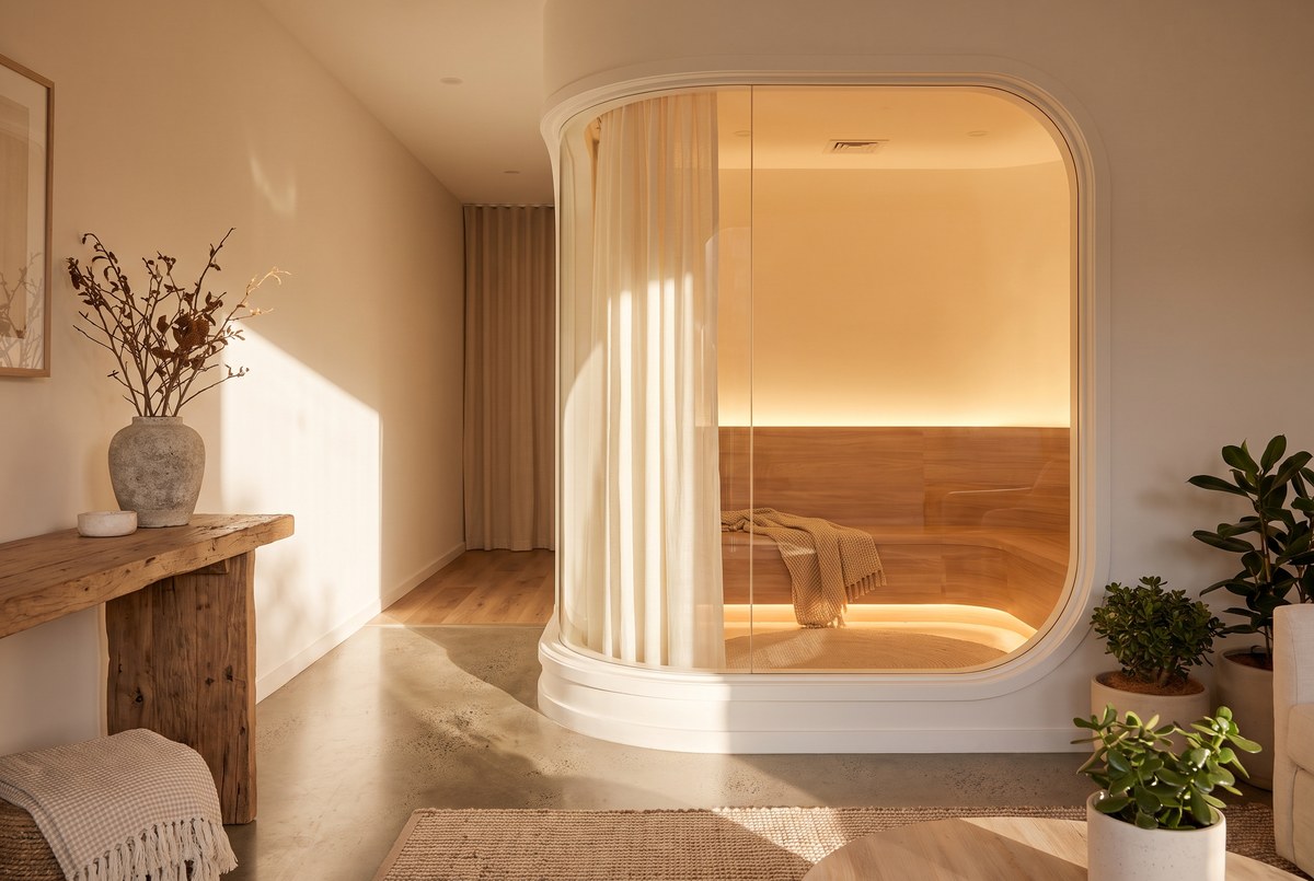 A softly glowing oxygen chamber window with warm interior light, viewed from outside in a clean modern clinical room with wood accents, sunbeam, photographed for Magellan Longevity's review of did hyperbaric oxygen reverse aging? telomeres are not a time machine.
