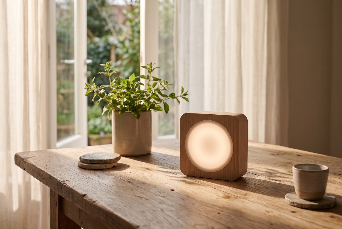 A small unbranded air-quality monitor with a soft glowing display on a wooden desk beside an open window with plants, fresh morning light, photographed for Magellan Longevity's review of the room is the exposure: what a co2 monitor can tell you about your own air.