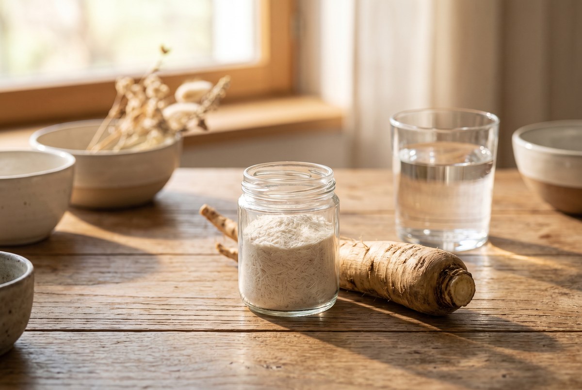 A small glass jar of fine white fibrous powder beside a chicory root and a glass of water on a wooden table, photographed for Magellan Longevity's review of feeding the inner crowd: what inulin can and cannot promise.