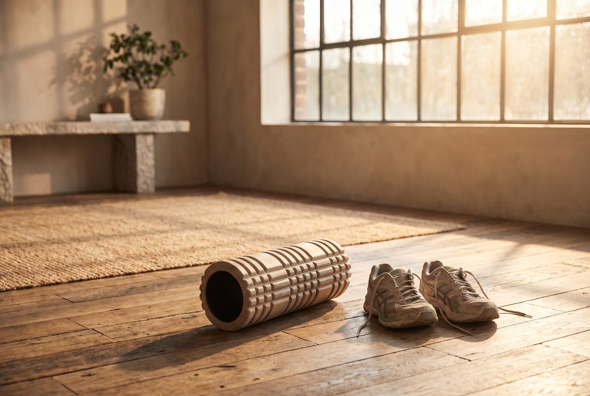 A foam roller and a pair of running shoes resting on a sunlit wooden gym floor, warm morning light, calm composition, photographed for Magellan Longevity's review of joint and tendon recovery for masters athletes.