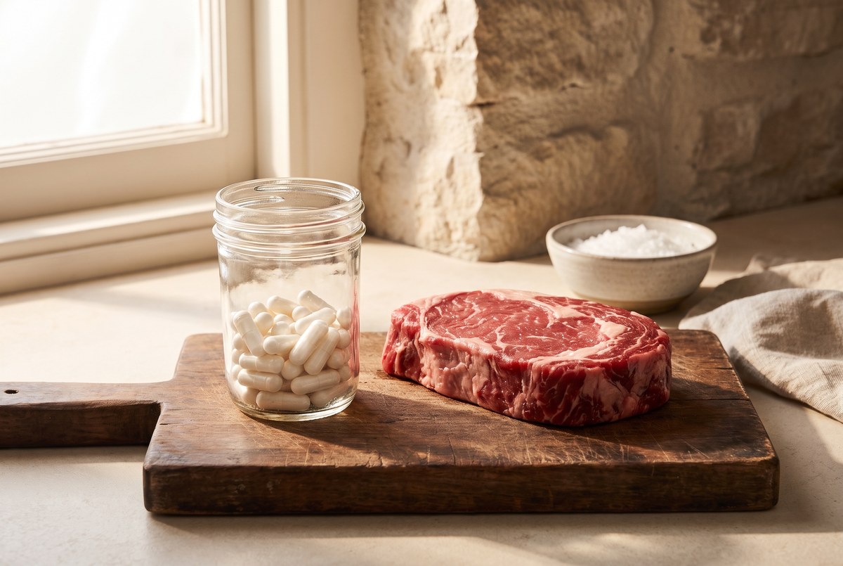 A small glass jar of white capsules resting beside a cut of red meat on a rustic wooden board, warm light, photographed for Magellan Longevity's review of the shuttle molecule and the damaged heart.