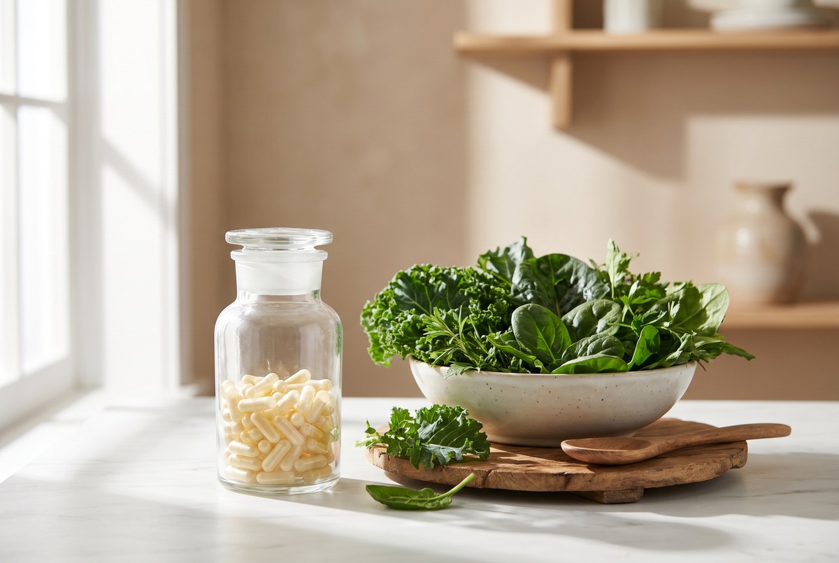 A small glass jar of pale yellow capsules beside a bunch of fresh leafy greens on a marble counter, soft light, photographed for Magellan Longevity's review of the folate that skips the line.