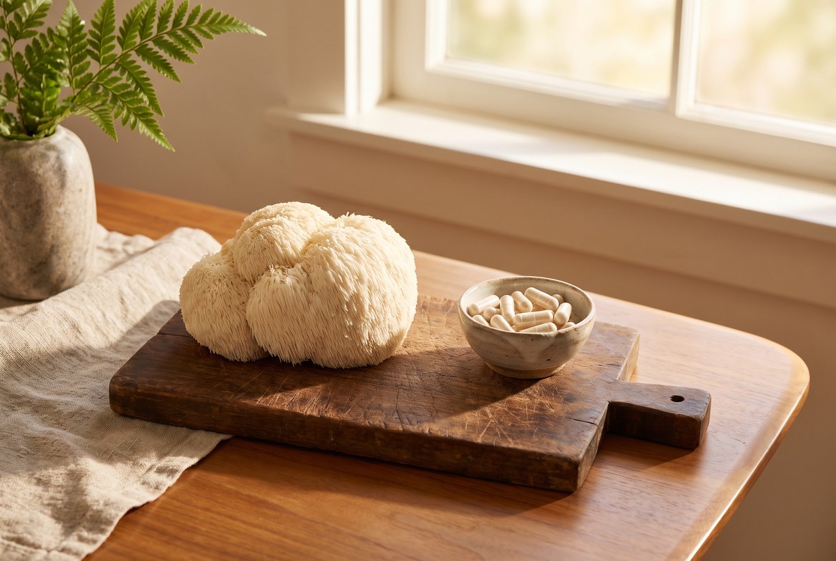 A fresh lion's mane mushroom resting on a rustic wooden board beside a small bowl of capsules, warm forest-toned light, photographed for Magellan Longevity's review of lion's mane for memory: small human trials, large online claims.