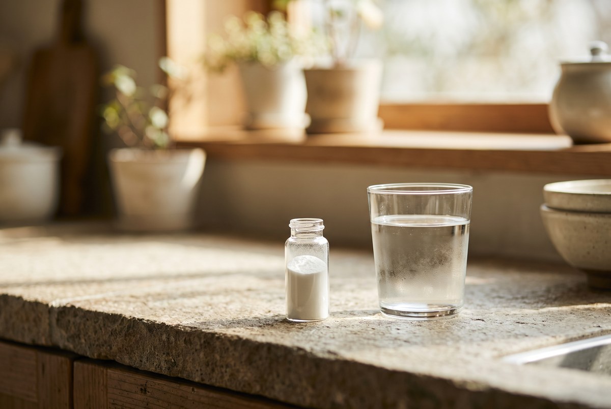 A tiny glass vial of fine white powder resting on a stone counter beside a glass of mineral water, soft light, photographed for Magellan Longevity's review of five milligrams of an element, and the strange evidence trail behind it.