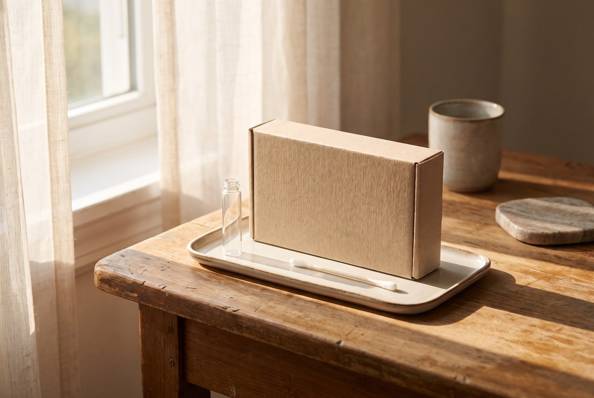 A small mail-in blood test kit box (blank, unbranded) with a glass vial and cotton swab on a rustic wooden desk, morning light through a window, photographed for Magellan Longevity's review of the number you were born with: lp(a) and the case for one test in a lifetime.