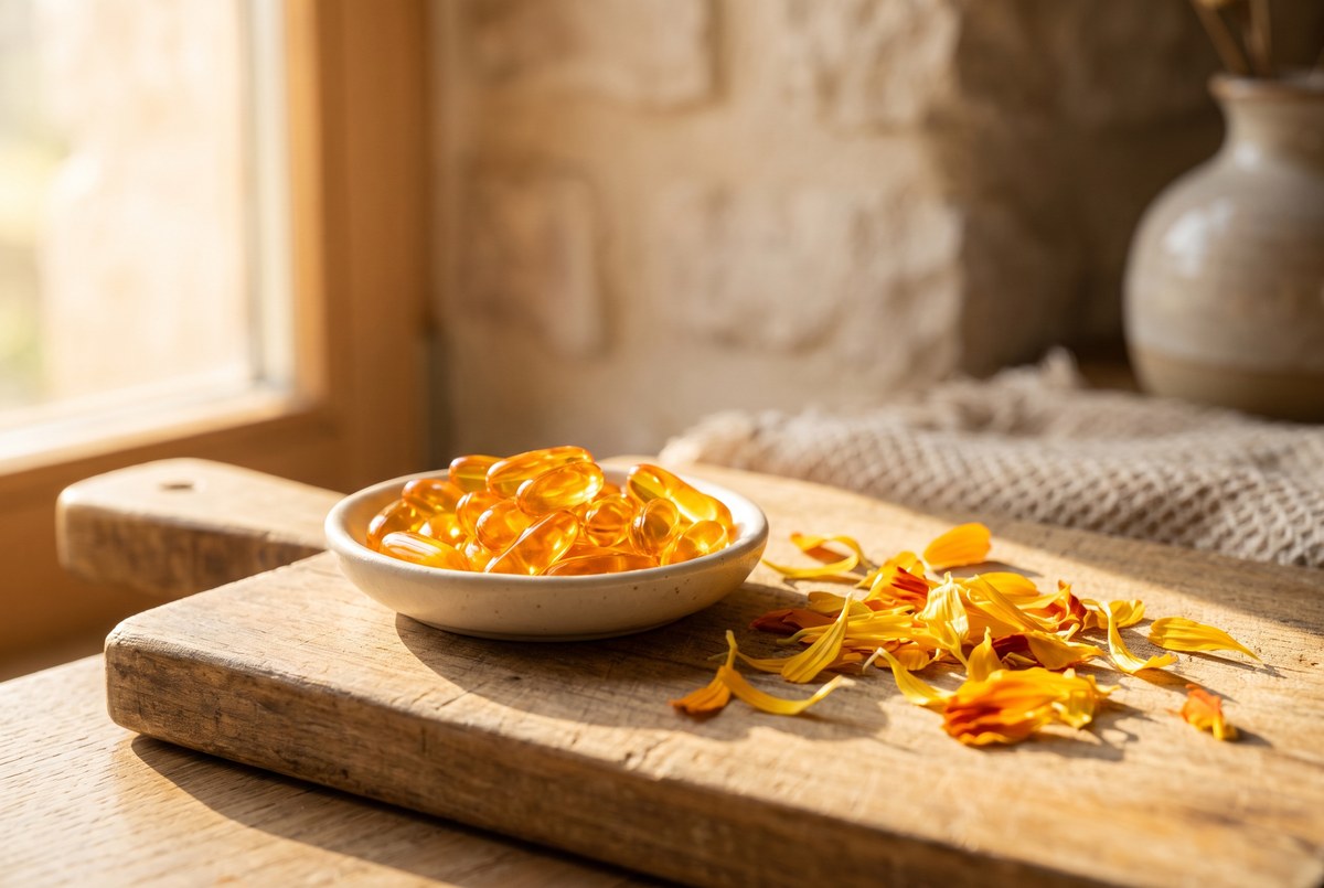 A small dish of vivid orange-yellow softgel capsules beside fresh marigold petals on a wooden board, warm golden light, photographed for Magellan Longevity's review of the yellow pigment that lost its primary endpoint — and won the long game.