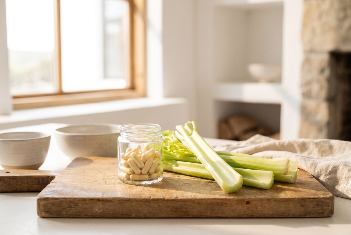 A small glass jar of pale yellow capsules beside a few celery stalks on a rustic wooden board, fresh green light, photographed for Magellan Longevity's review of the flavone in the celery, and the fear it answers.