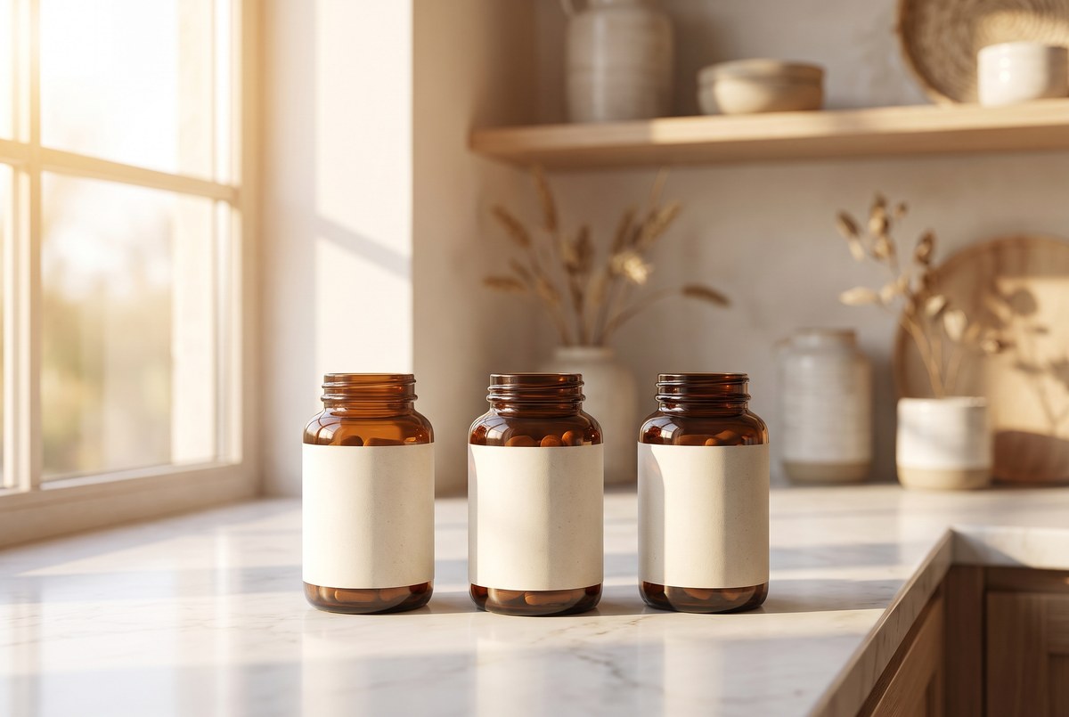 Three amber glass supplement bottles with blank labels arranged neatly on a marble counter, soft warm morning sunlight, photographed for Magellan Longevity's review of nad+ activation: what the science says about nmn, resveratrol, and pterostilbene.