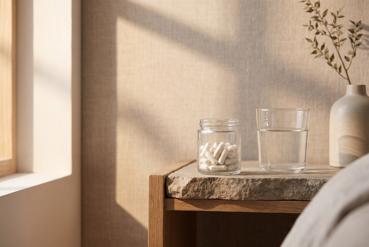A small glass jar of white capsules resting on a wooden nightstand beside a glass of water, warm calming evening light, photographed for Magellan Longevity's review of the mineral everyone is suddenly taking for sleep.