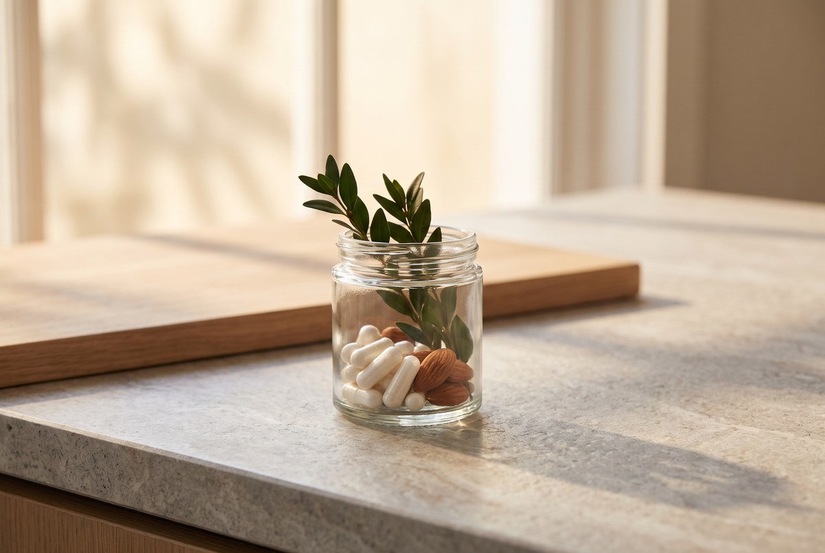 A small glass jar of white capsules resting beside a few almonds and dark leafy greens on a stone counter, soft light, photographed for Magellan Longevity's review of magnesium l-threonate and the brain: promising form, thin clinical proof.