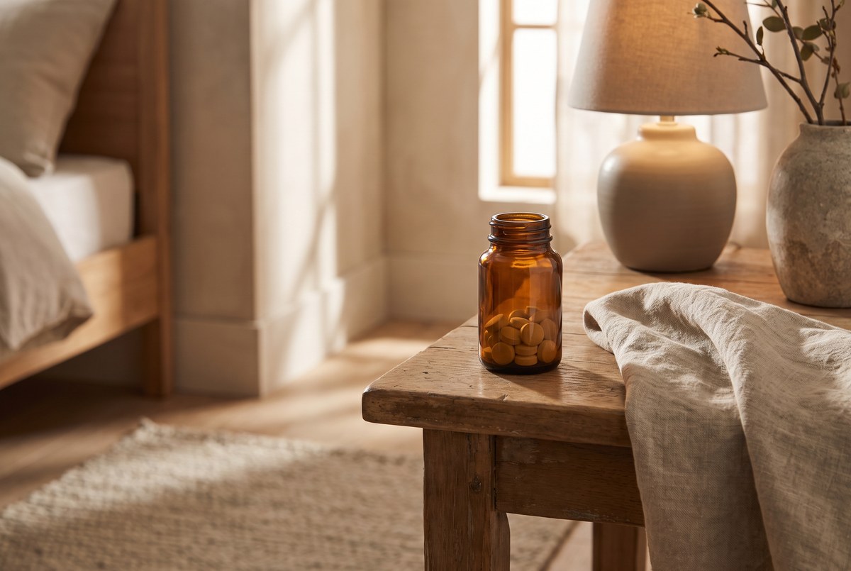 A small amber glass bottle of tiny round tablets resting on a wooden nightstand beside a soft glowing candle, warm evening light, photographed for Magellan Longevity's review of melatonin is a timing hormone, not a proven anti-aging drug.