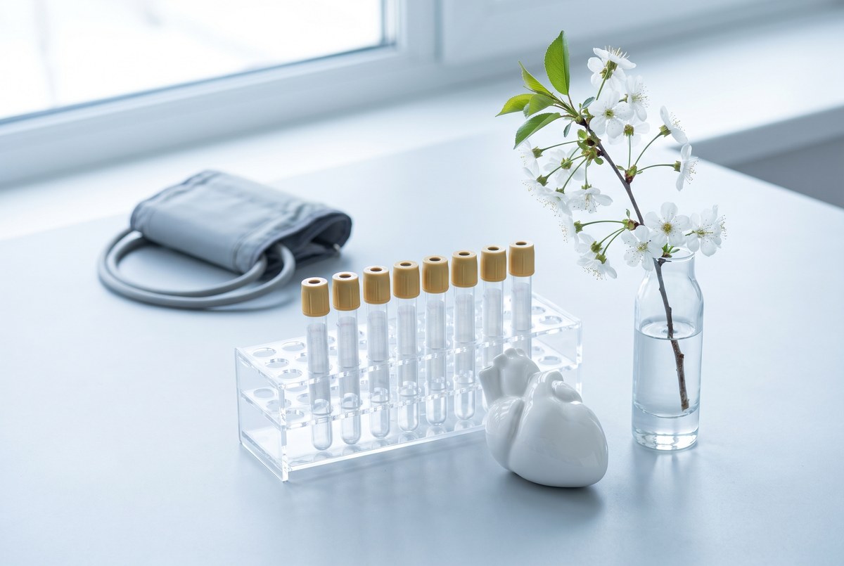 A bright clinical still life by a window: a rack of blood-collection tubes with plain gold caps, a small white anatomical heart model, an unbranded blood-pressure cuff softly out of focus and a sprig of white cherry blossom in a glass vase, photographed for Magellan Longevity’s evidence review of menopause and cardiovascular risk.