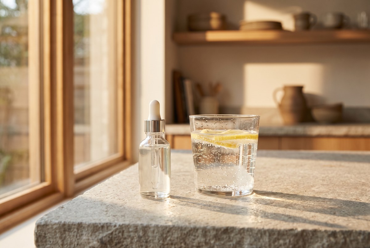 A small glass dropper bottle of clear liquid beside a glass of sparkling water on a stone counter, sunlight refracting through the water, photographed for Magellan Longevity's review of what your water filter takes out, and what a few drops can honestly put back.
