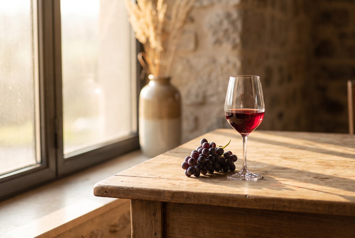 A single glass of red wine on a wooden table beside a small bunch of grapes, warm evening light, photographed for Magellan Longevity's review of is moderate alcohol good for the heart? why the j-curve keeps shrinking.