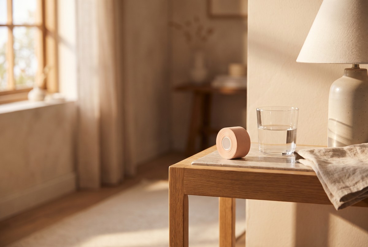 A small roll of gentle skin-safe tape resting beside a glass of water on a wooden nightstand, soft warm evening bedroom light, photographed for Magellan Longevity's review of mouth taping for sleep: a social-media fix with important safety gaps.