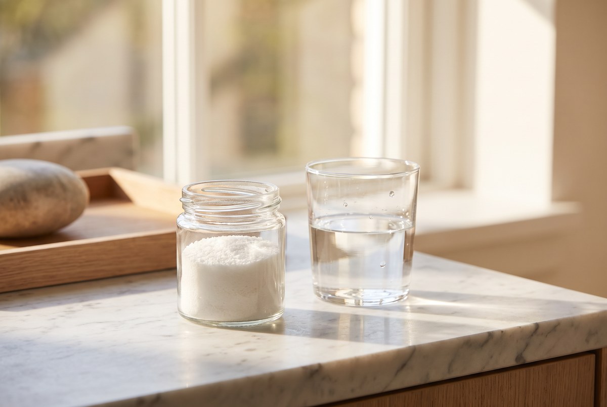 A small glass jar of fine white crystalline powder beside a glass of water on a marble counter, clean bright light, photographed for Magellan Longevity's review of the sulfur question: msm's small, slow case for aching knees.